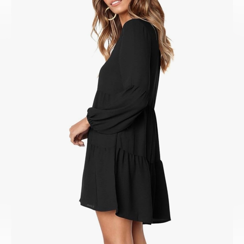 Amoretu Women’s V-Neck Lantern Loose Sleeve  Tunic Dress - Picture 2 of 5